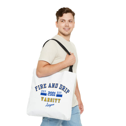 FIRE AND DRIP VARSITY LEAGUE- AOP Tote Bag  18x18