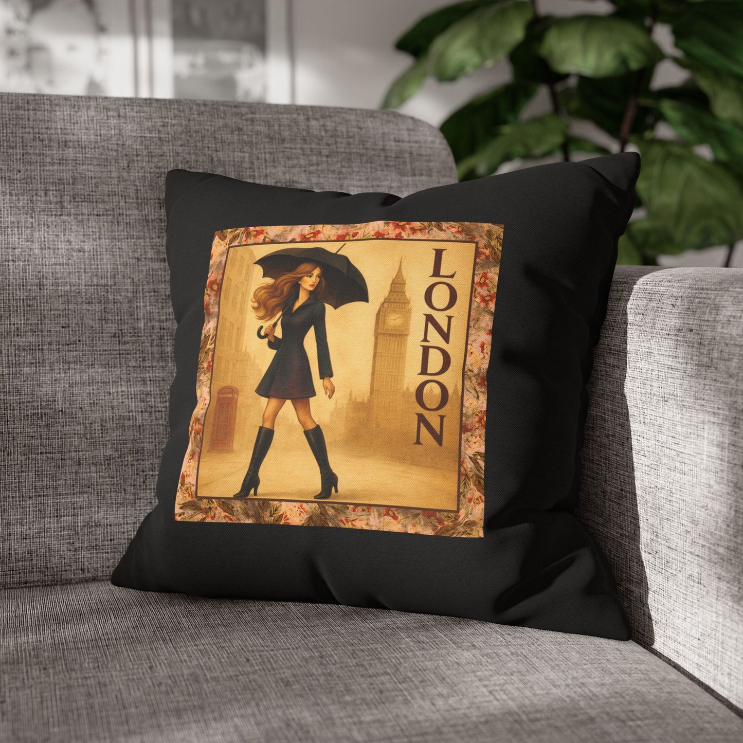 London Calling- (Black) Travel Inspired Design-  18 x 18  Pillowcase