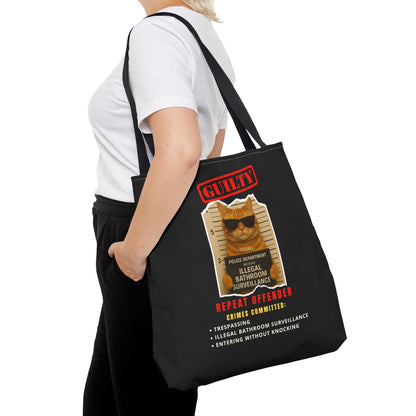 GUILTY CAT- ILLEGAL BATHROOM SURVEILLANCE-TOTE BAG (BLACK) "Cats Doing Time For The Crime"
