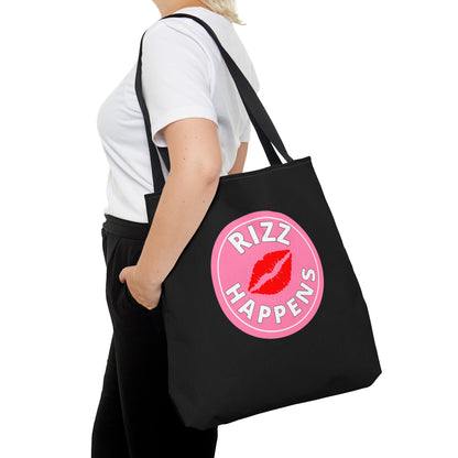 RIZZ HAPPENS- AOP Tote Bag (black)"Back To School, But Make It Aesthetic"