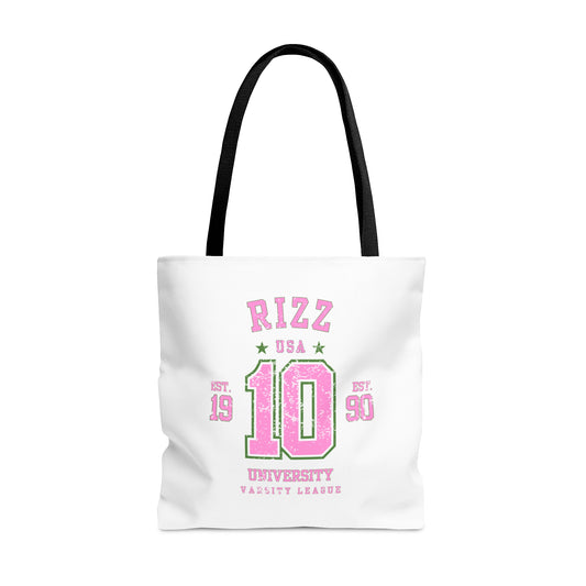 RIZZ UNIVERSITY- AOP Tote Bag (white)-"Hallway Runway Ready"
