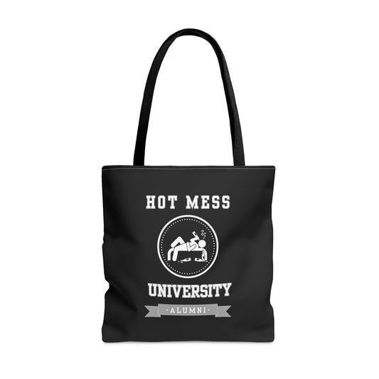 HOT MESS UNIVERSITY- AOP Tote Bag (BLACK)-"The Tote That Stole The Spotlight"