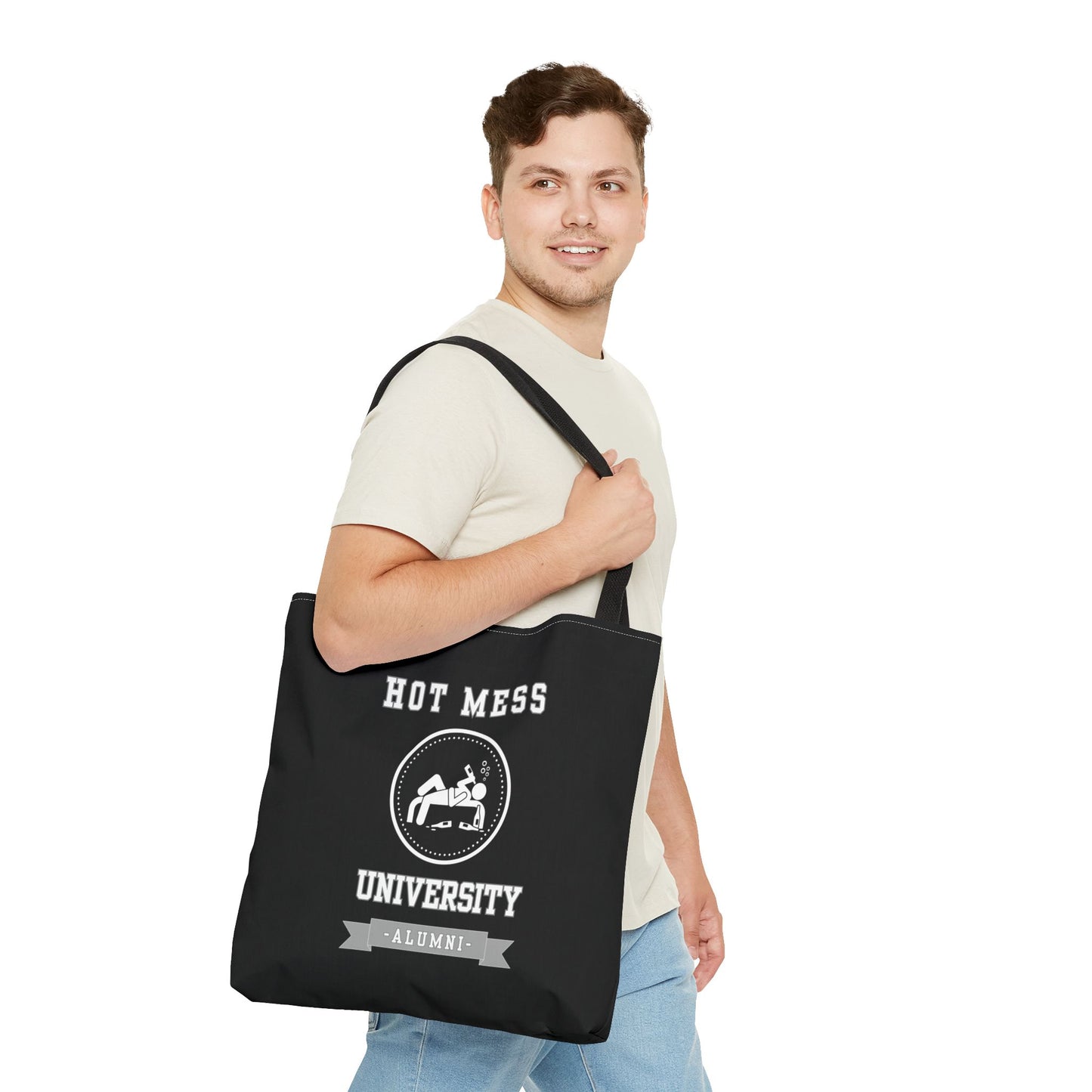 HOT MESS UNIVERSITY- AOP Tote Bag (BLACK) "No SAT Score Required"