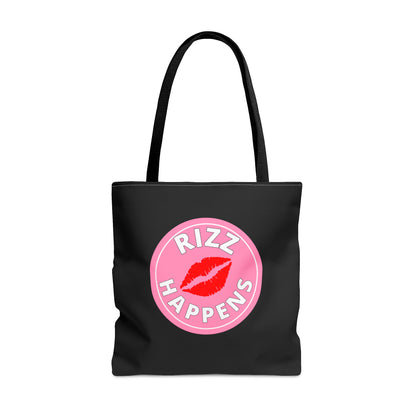 RIZZ HAPPENS- AOP Tote Bag (black)"Back To School, But Make It Aesthetic"