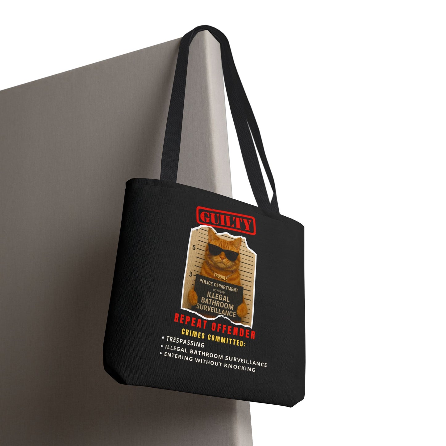 GUILTY CAT- ILLEGAL BATHROOM SURVEILLANCE-TOTE BAG (BLACK) "Cats Doing Time For The Crime"