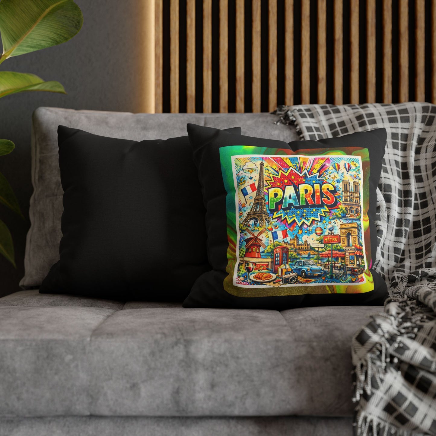 Charming Paris Pop Art- (Black) Travel Inspired Design- Square Pillowcase  - Artistic Home Decor (ONLY PILLOW COVER INCLUDED)