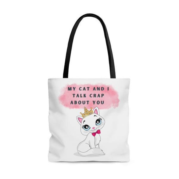 MY CAT AND I TALK CRAP- AOP Tote Bag (white)
