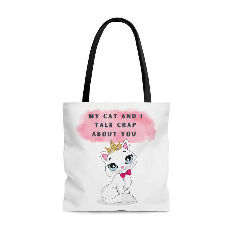 MY CAT AND I TALK CRAP- AOP Tote Bag (white)