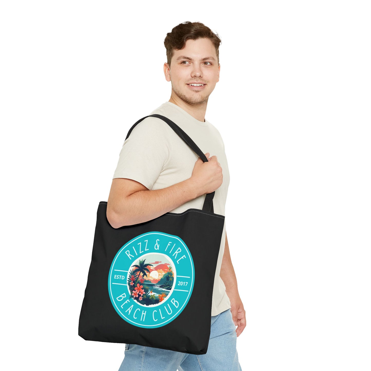 RIZZ & FIRE BEACH CLUB- AOP Tote Bag  (BLACK) "Tote-Ally Stylish"