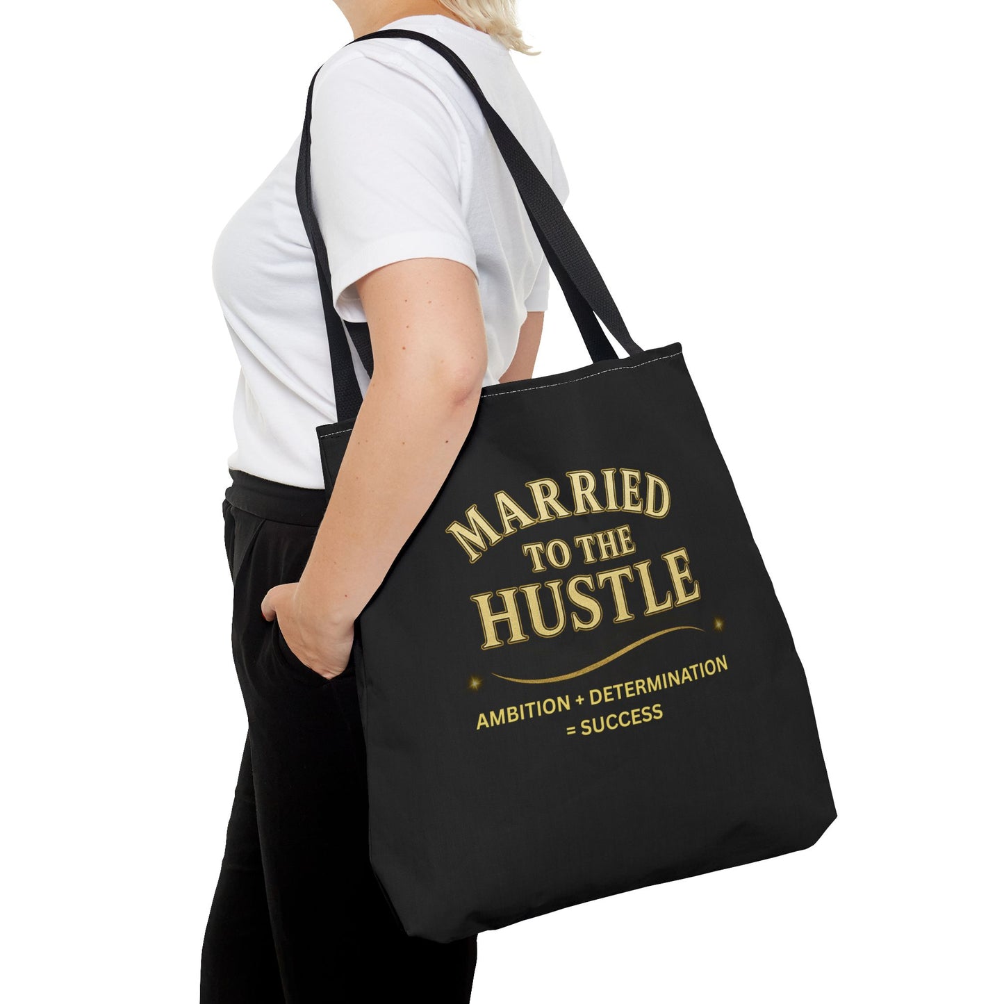 MARRIED TO THE HUSTLE- AOP Tote Bag (BLACK) "Committed To The Grind"
