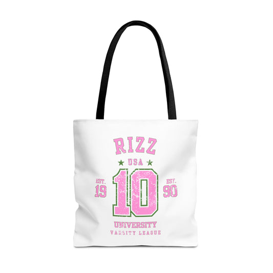 RIZZ UNIVERSITY #10- AOP Tote Bag (white) "Hallway Runway Ready"