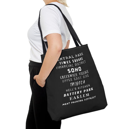 NYC Neighborhoods- AOP Tote Bag (BLACK) 18x18