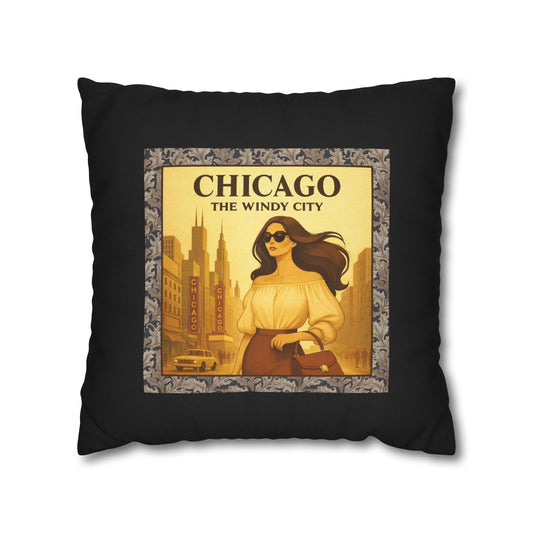 Chicago The Windy City- (Black) Travel Inspired Design -Square Pillowcase  - Artistic Home Decor (ONLY PILLOW COVER INCLUDED)