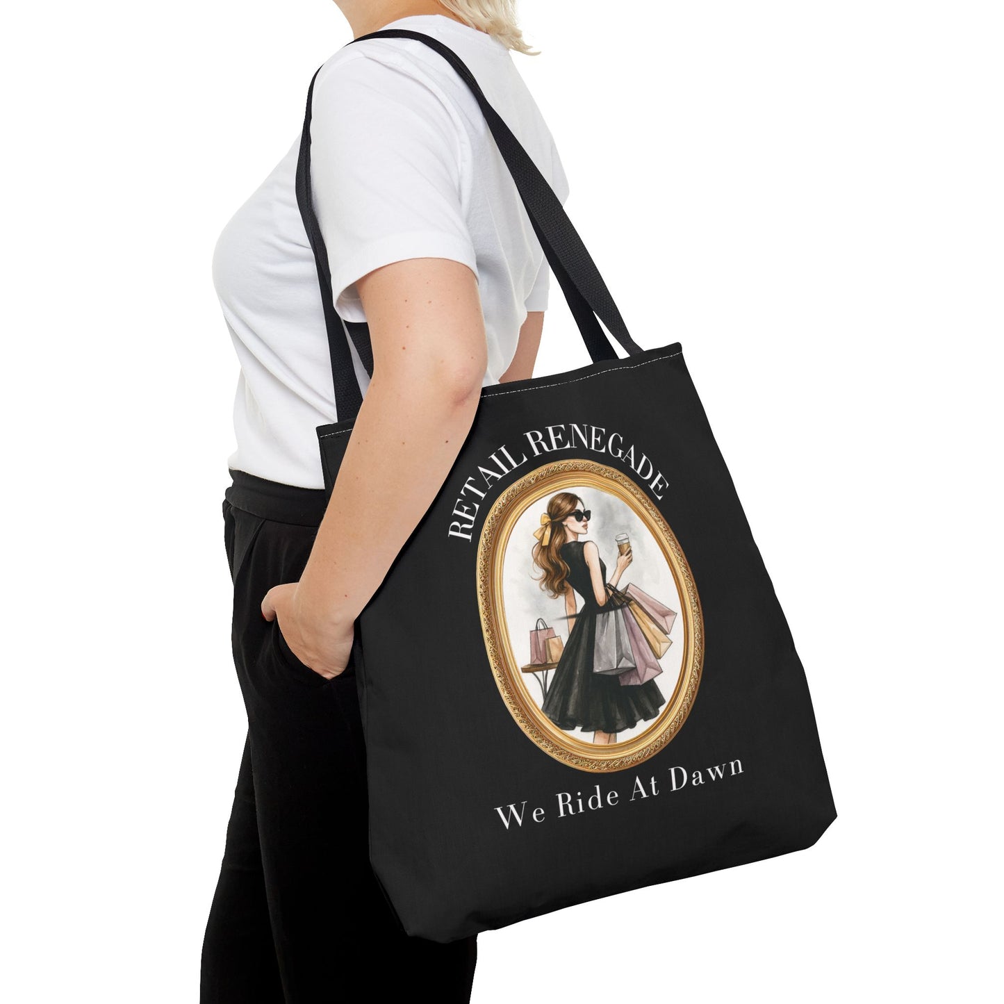 RETAIL RENEGADE-WE RIDE AT DAWN- AOP Tote Bag (BLACK) "Shopping Has No Rules"
