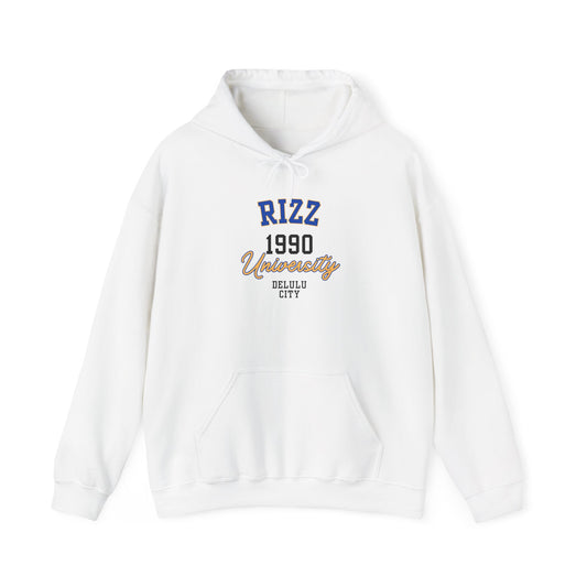 RIZZ UNIVERSITY 1990-  Unisex Heavy Blend Hooded Sweatshirt -WHITE-“Top Pick Graphic Hoodie — Cozy Streetwear Must-Have With Viral Vibes”