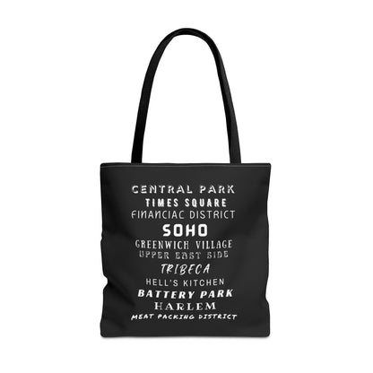 NYC Neighborhoods- AOP Tote Bag (BLACK) 18x18