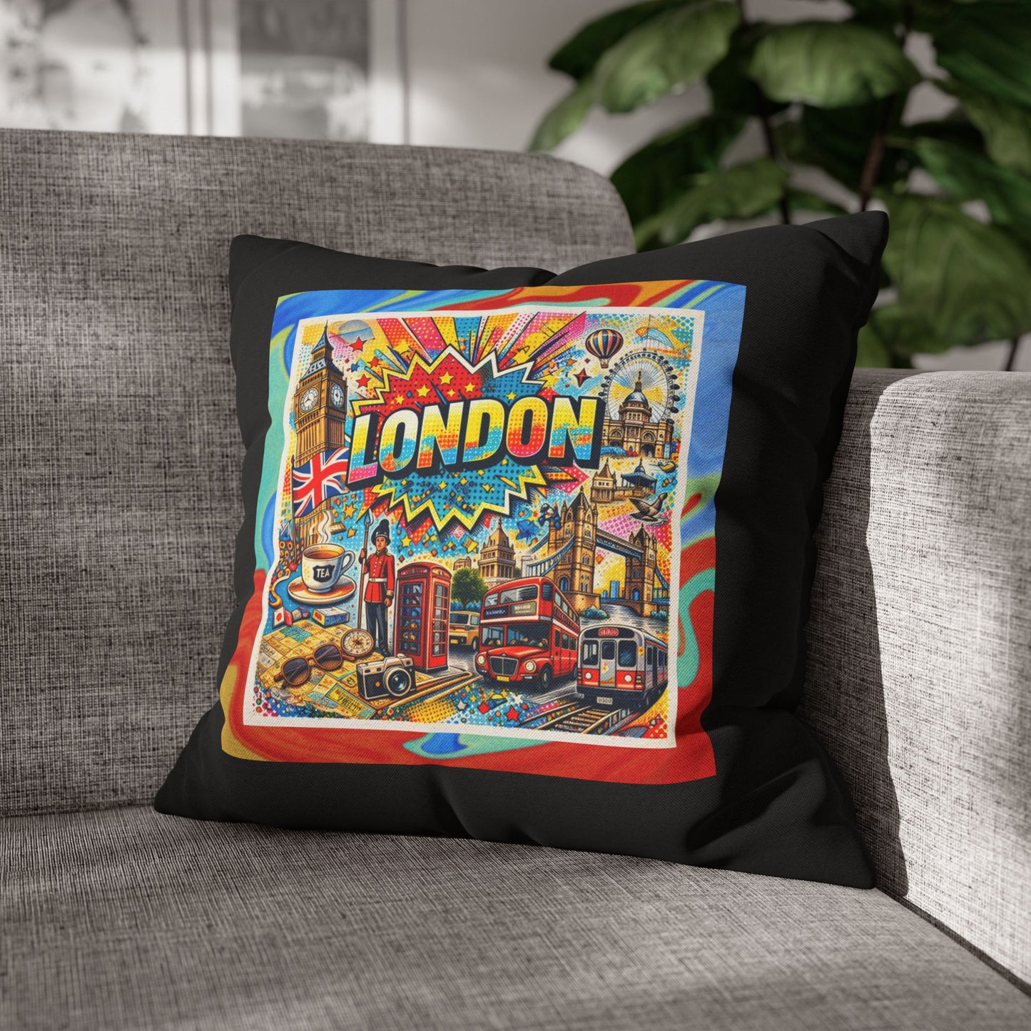London Historic Pop Art- (Black) Travel Inspired Design-  18 x 18  Pillowcase