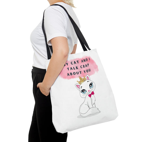 MY CAT AND I TALK CRAP- AOP Tote Bag (white)