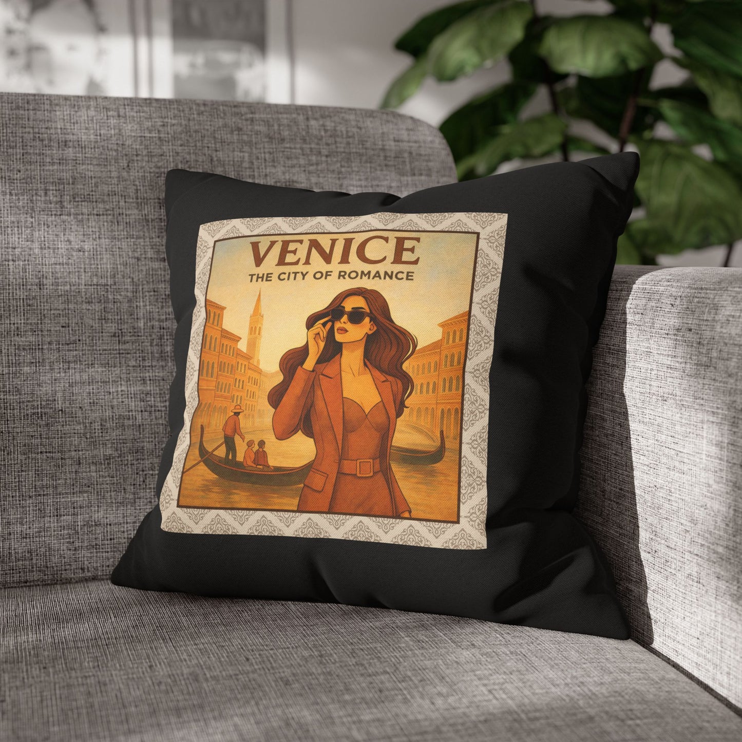Romantic Venice- (Black) Travel Inspired Design - 18 x 18  Pillowcase