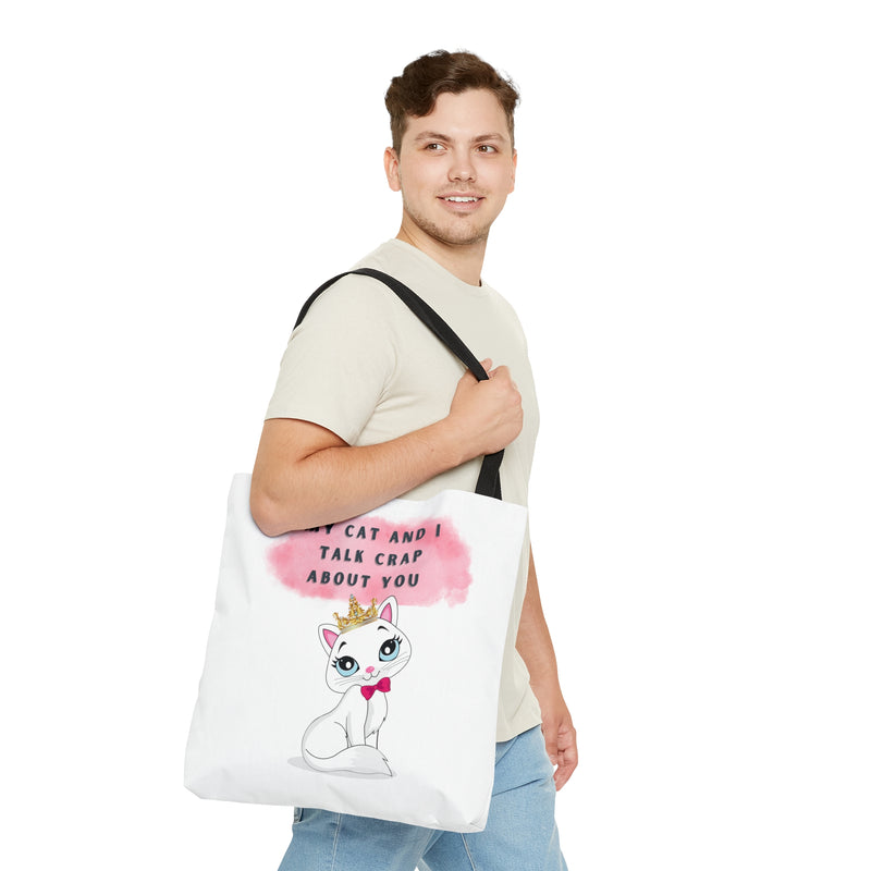 MY CAT AND I TALK CRAP- AOP Tote Bag (white)