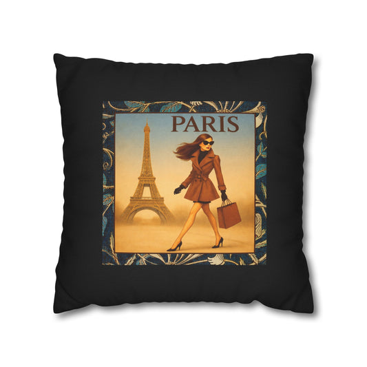 Fashion Strut Paris- (Black) Travel Inspired Design- Square Pillowcase  - Artistic Home Decor (ONLY PILLOW COVER INCLUDED)