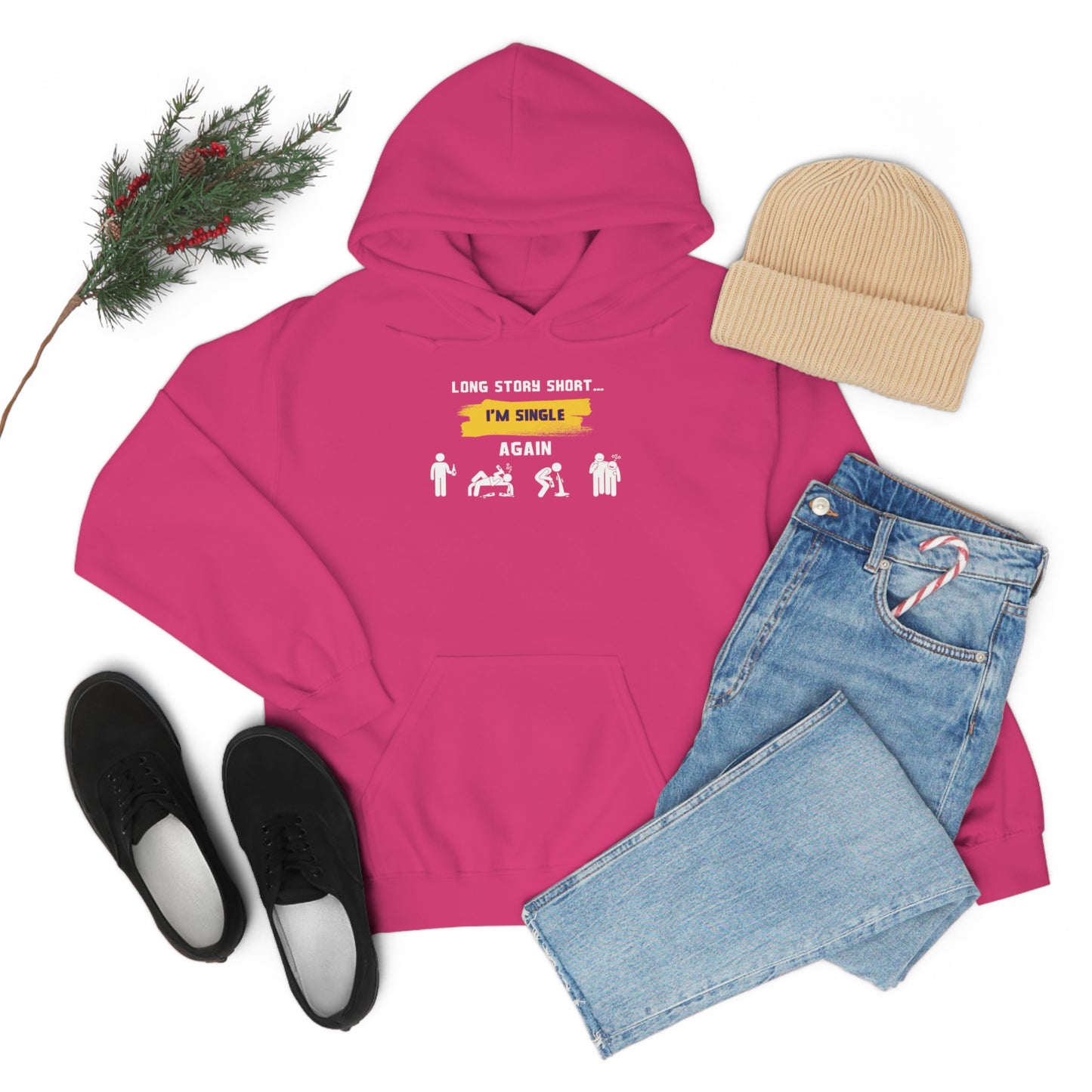 LONG STORY SHORT- Unisex Heavy Blend Hooded Sweatshirt (VARIETY OF COLORS) “Zero Baggage, Maximum Rizz — Single Life Graphic Shirt”