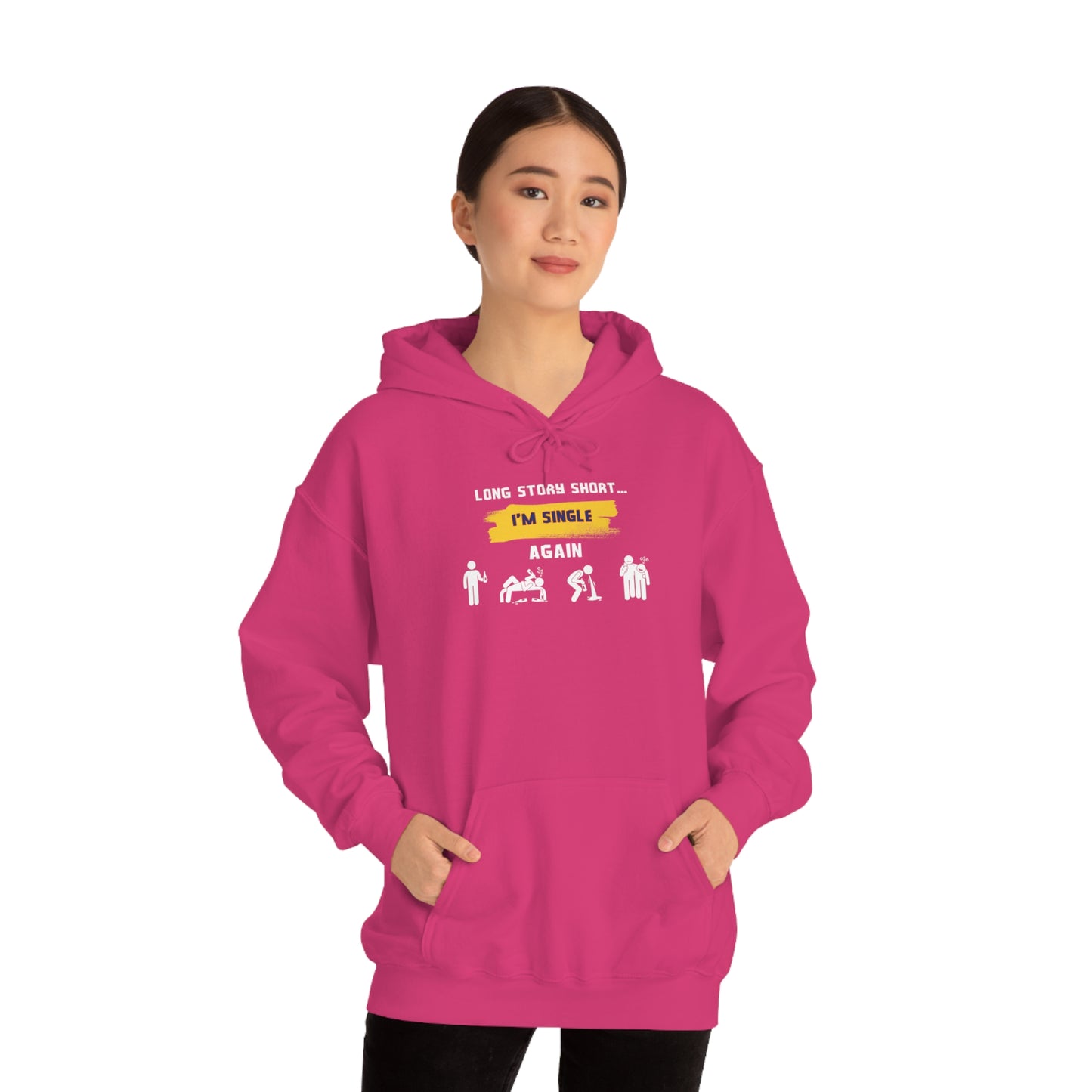 LONG STORY SHORT- Unisex Heavy Blend Hooded Sweatshirt (VARIETY OF COLORS) “Zero Baggage, Maximum Rizz — Single Life Graphic Shirt”