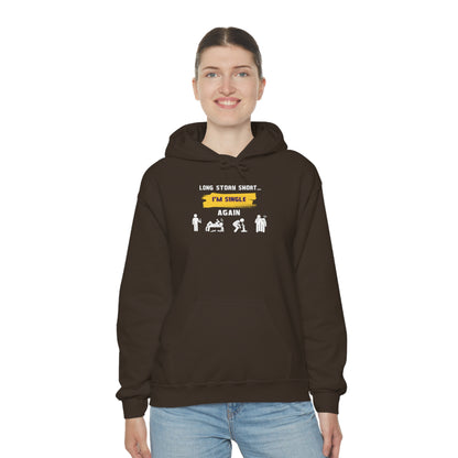 LONG STORY SHORT- Unisex Heavy Blend Hooded Sweatshirt (VARIETY OF COLORS) “Zero Baggage, Maximum Rizz — Single Life Graphic Shirt”