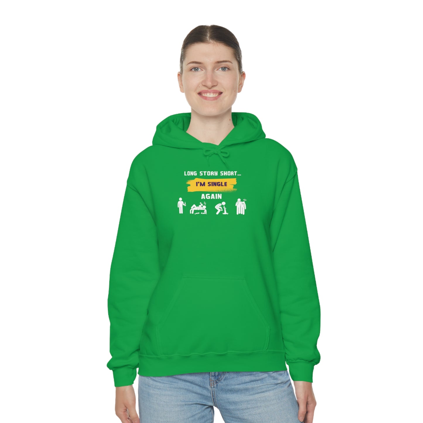 LONG STORY SHORT- Unisex Heavy Blend Hooded Sweatshirt (VARIETY OF COLORS) “Zero Baggage, Maximum Rizz — Single Life Graphic Shirt”