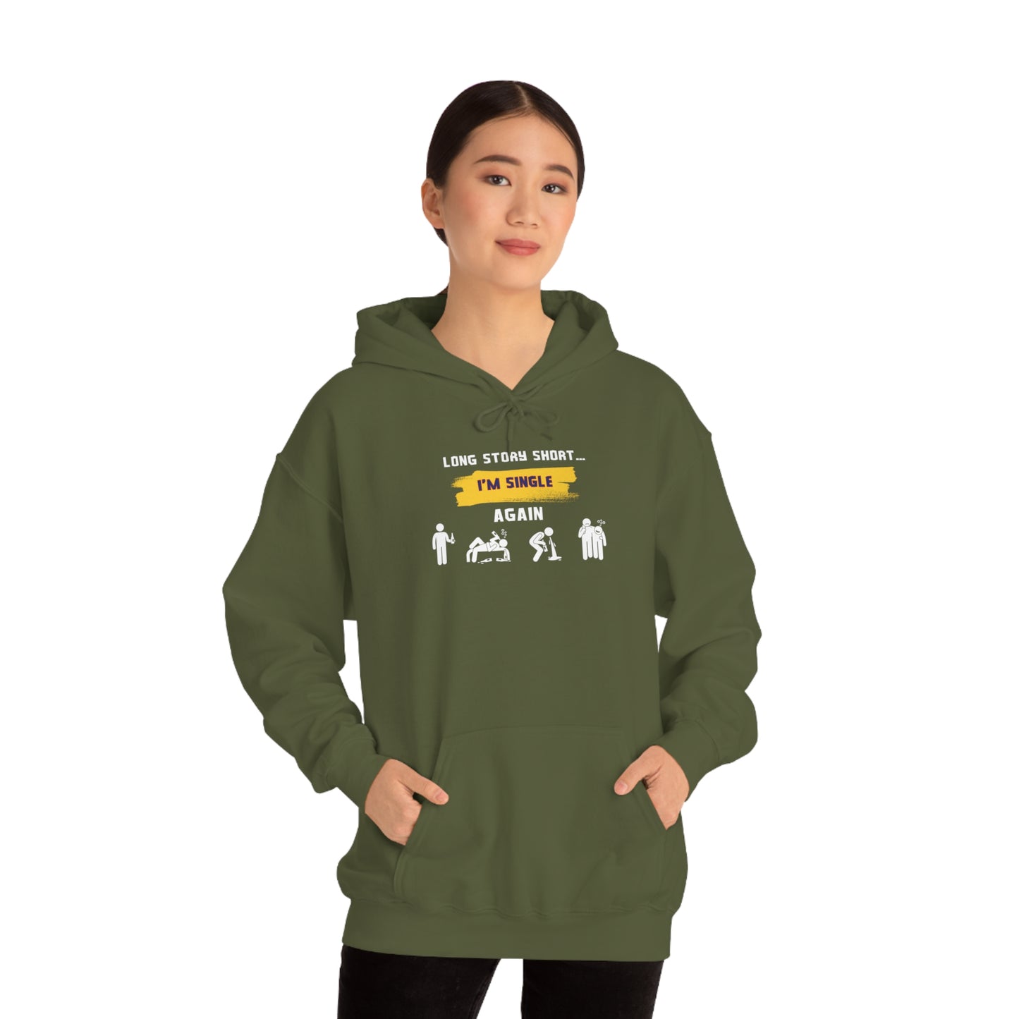 LONG STORY SHORT- Unisex Heavy Blend Hooded Sweatshirt (VARIETY OF COLORS) “Zero Baggage, Maximum Rizz — Single Life Graphic Shirt”