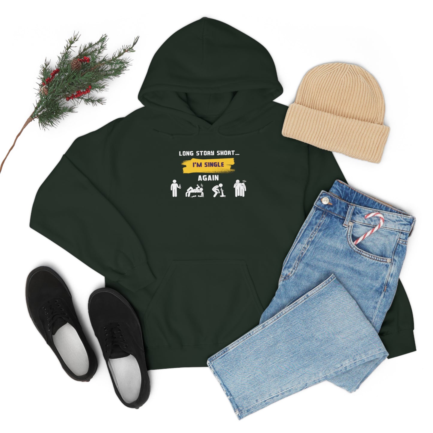 LONG STORY SHORT- Unisex Heavy Blend Hooded Sweatshirt (VARIETY OF COLORS) “Zero Baggage, Maximum Rizz — Single Life Graphic Shirt”