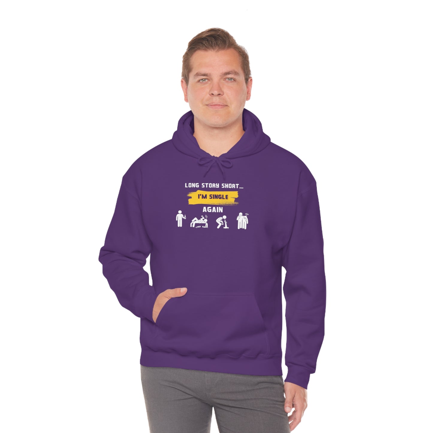 LONG STORY SHORT- Unisex Heavy Blend Hooded Sweatshirt (VARIETY OF COLORS) “Zero Baggage, Maximum Rizz — Single Life Graphic Shirt”