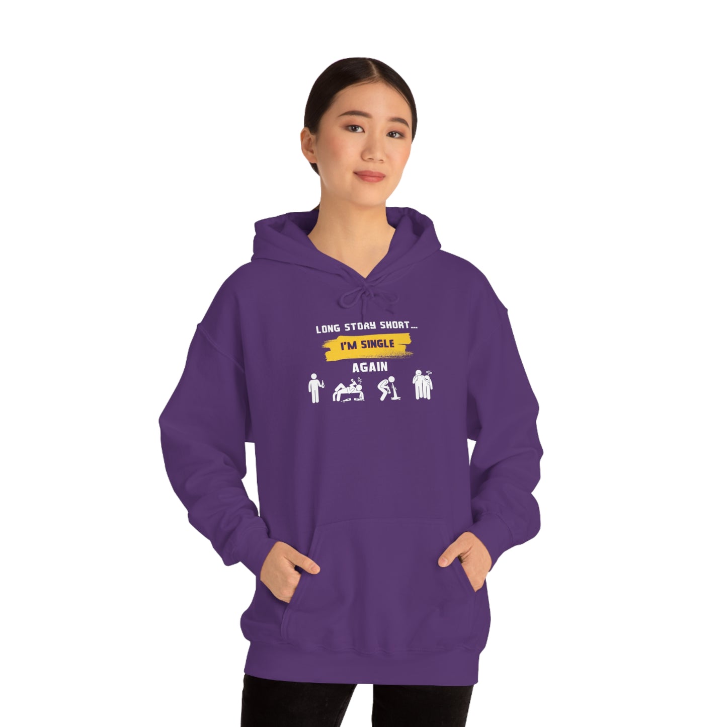 LONG STORY SHORT- Unisex Heavy Blend Hooded Sweatshirt (VARIETY OF COLORS) “Zero Baggage, Maximum Rizz — Single Life Graphic Shirt”