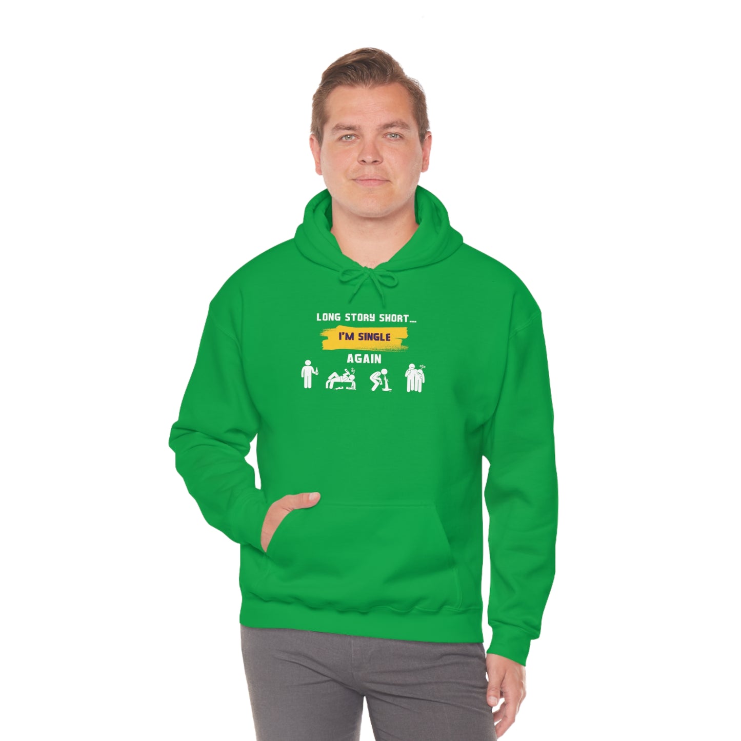 LONG STORY SHORT- Unisex Heavy Blend Hooded Sweatshirt (VARIETY OF COLORS) “Zero Baggage, Maximum Rizz — Single Life Graphic Shirt”