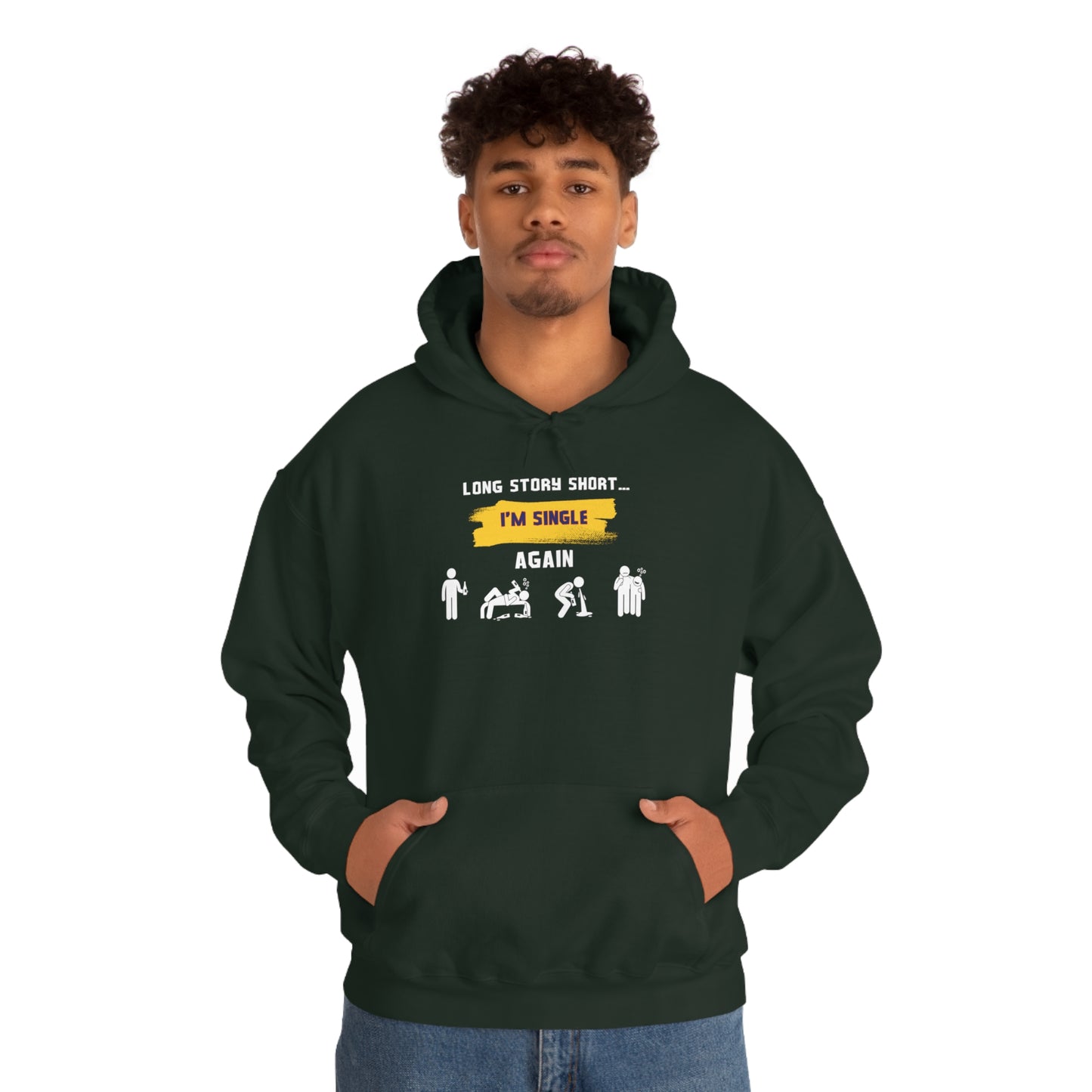 LONG STORY SHORT- Unisex Heavy Blend Hooded Sweatshirt (VARIETY OF COLORS) “Zero Baggage, Maximum Rizz — Single Life Graphic Shirt”