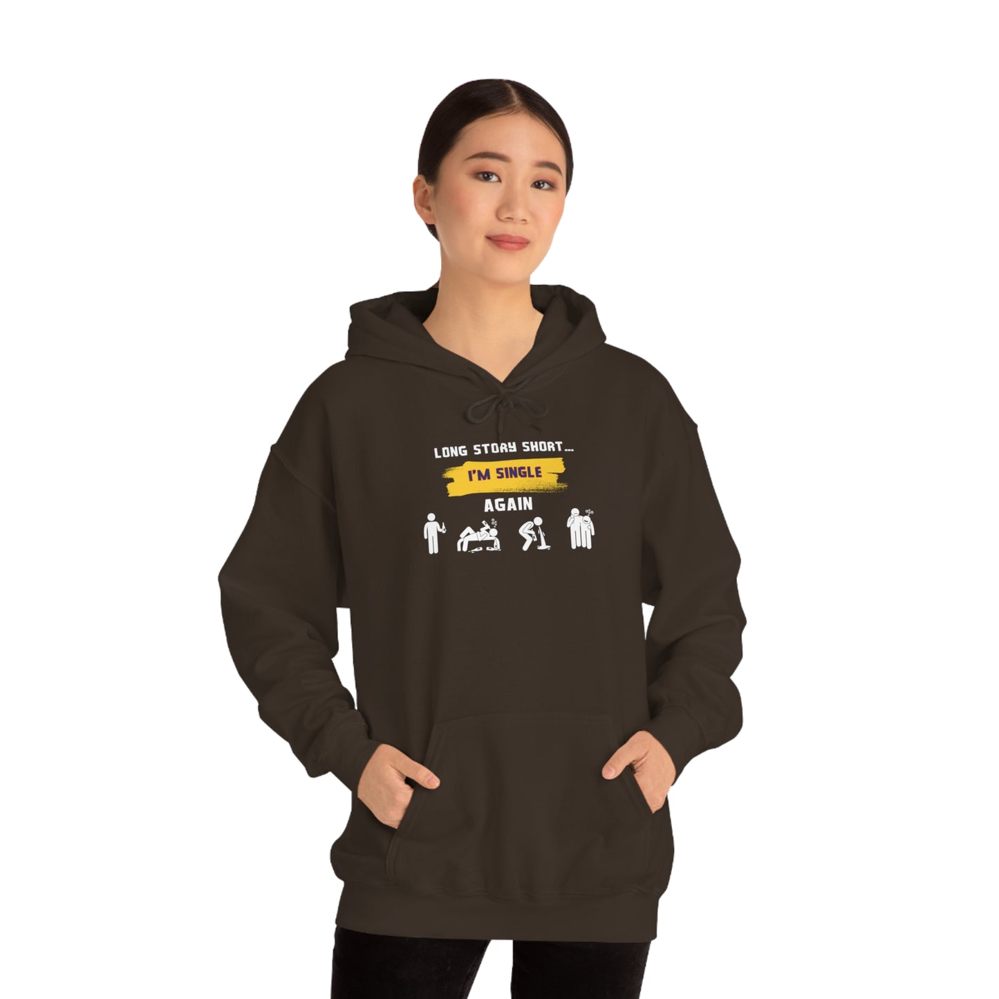 LONG STORY SHORT- Unisex Heavy Blend Hooded Sweatshirt (VARIETY OF COLORS) “Zero Baggage, Maximum Rizz — Single Life Graphic Shirt”