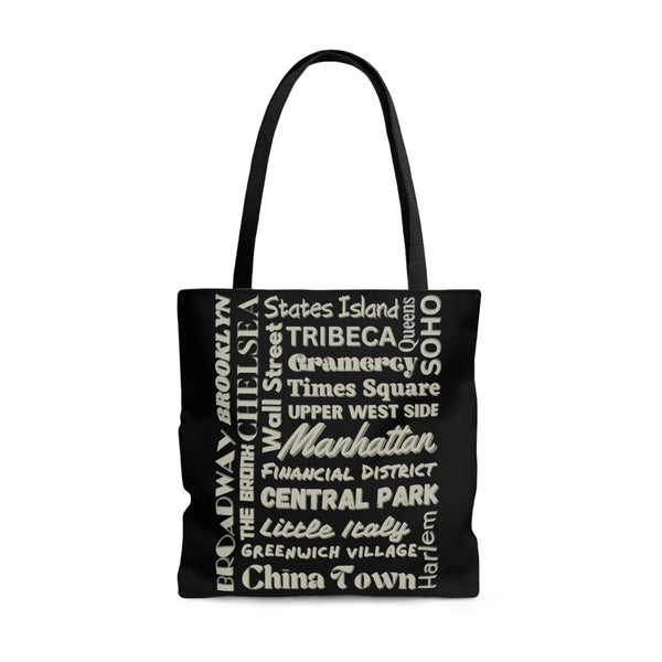 NYC Boroughs & Neighborhoods (2 sided print)- AOP Tote Bag (BLACK)