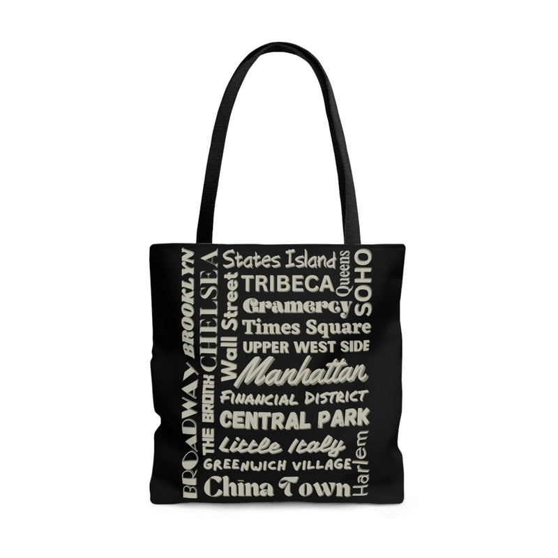 NYC Boroughs & Neighborhoods (2 sided print)- AOP Tote Bag (BLACK)