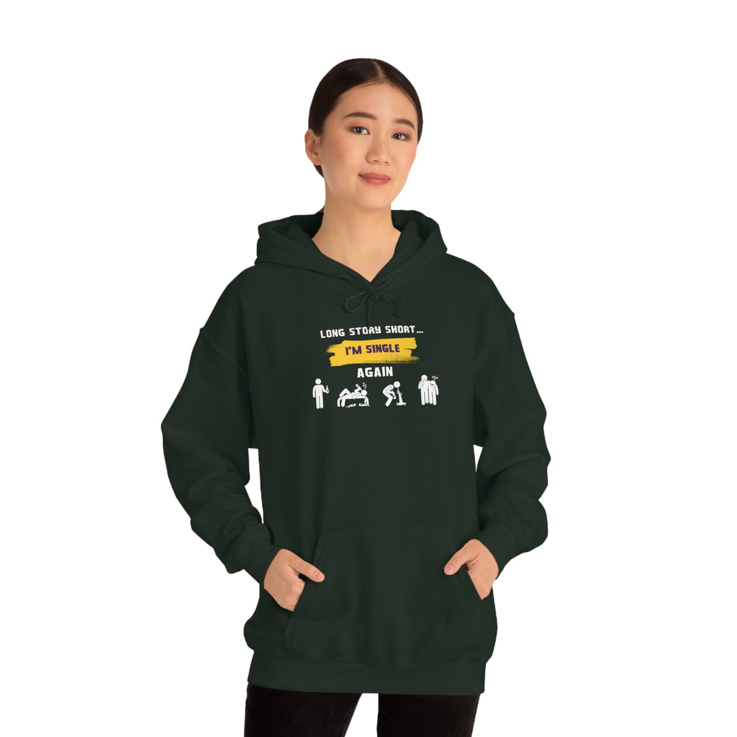LONG STORY SHORT- Unisex Heavy Blend Hooded Sweatshirt (VARIETY OF COLORS) “Zero Baggage, Maximum Rizz — Single Life Graphic Shirt”