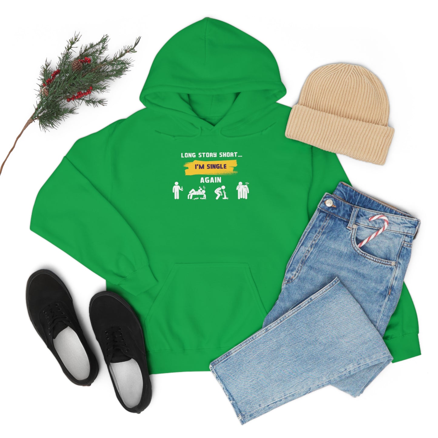 LONG STORY SHORT- Unisex Heavy Blend Hooded Sweatshirt (VARIETY OF COLORS) “Zero Baggage, Maximum Rizz — Single Life Graphic Shirt”