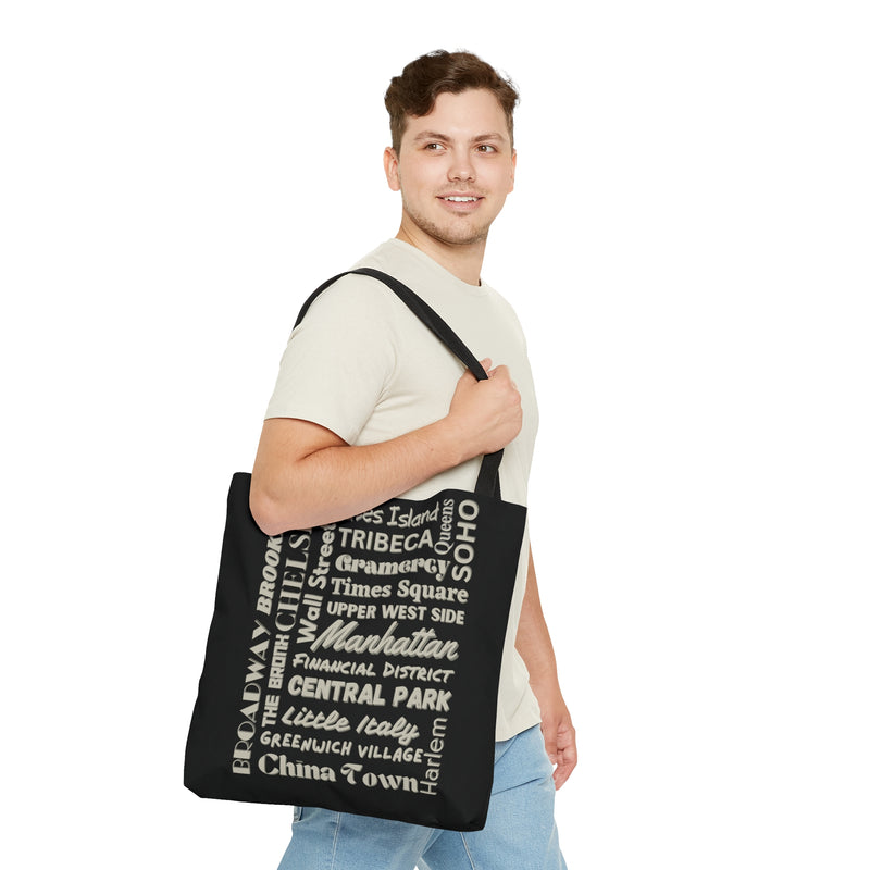 NYC Boroughs & Neighborhoods (2 sided print)- AOP Tote Bag (BLACK)