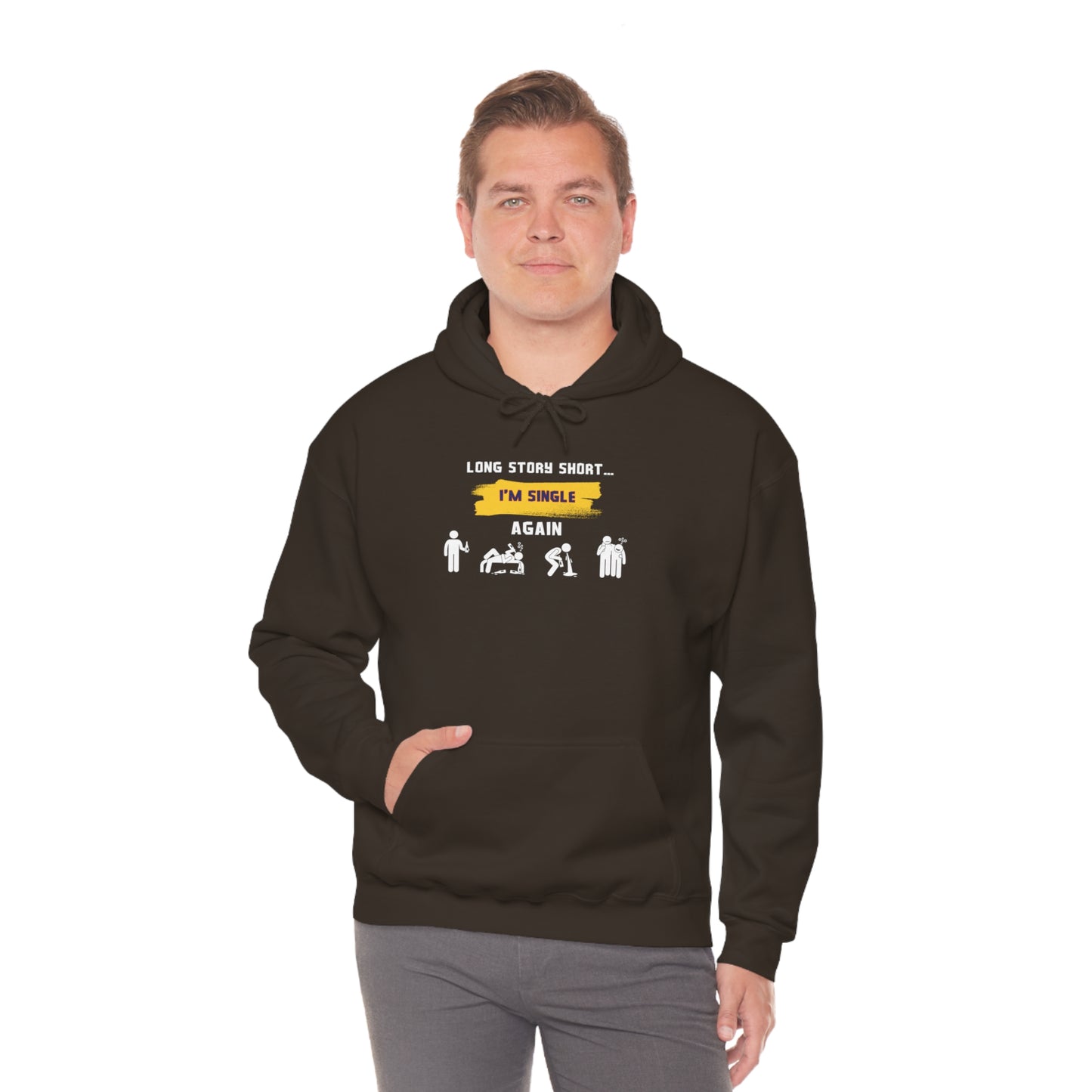 LONG STORY SHORT- Unisex Heavy Blend Hooded Sweatshirt (VARIETY OF COLORS) “Zero Baggage, Maximum Rizz — Single Life Graphic Shirt”