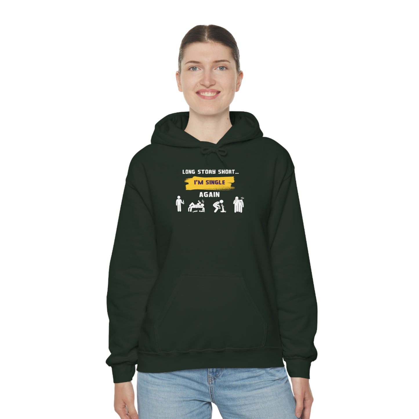 LONG STORY SHORT- Unisex Heavy Blend Hooded Sweatshirt (VARIETY OF COLORS) “Zero Baggage, Maximum Rizz — Single Life Graphic Shirt”