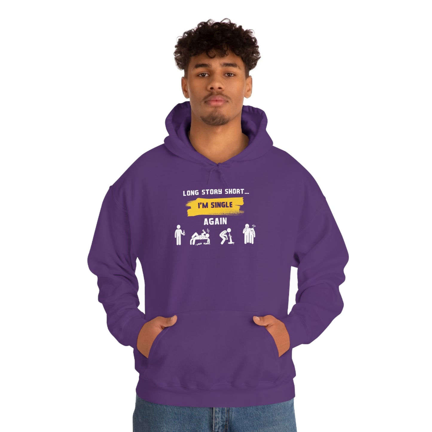LONG STORY SHORT- Unisex Heavy Blend Hooded Sweatshirt (VARIETY OF COLORS) “Zero Baggage, Maximum Rizz — Single Life Graphic Shirt”