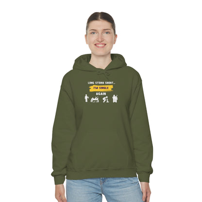 LONG STORY SHORT- Unisex Heavy Blend Hooded Sweatshirt (VARIETY OF COLORS) “Zero Baggage, Maximum Rizz — Single Life Graphic Shirt”