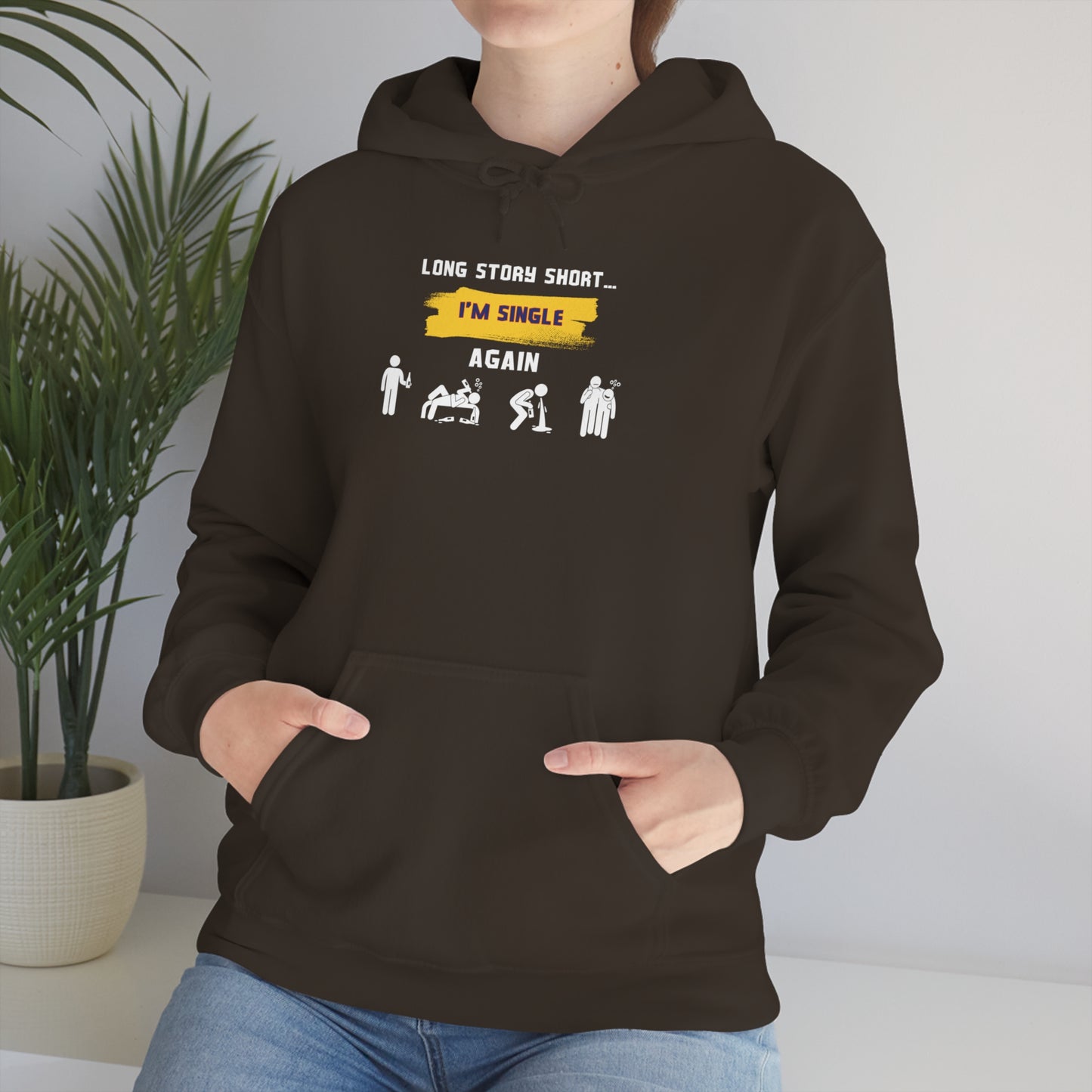 LONG STORY SHORT- Unisex Heavy Blend Hooded Sweatshirt (VARIETY OF COLORS) “Zero Baggage, Maximum Rizz — Single Life Graphic Shirt”