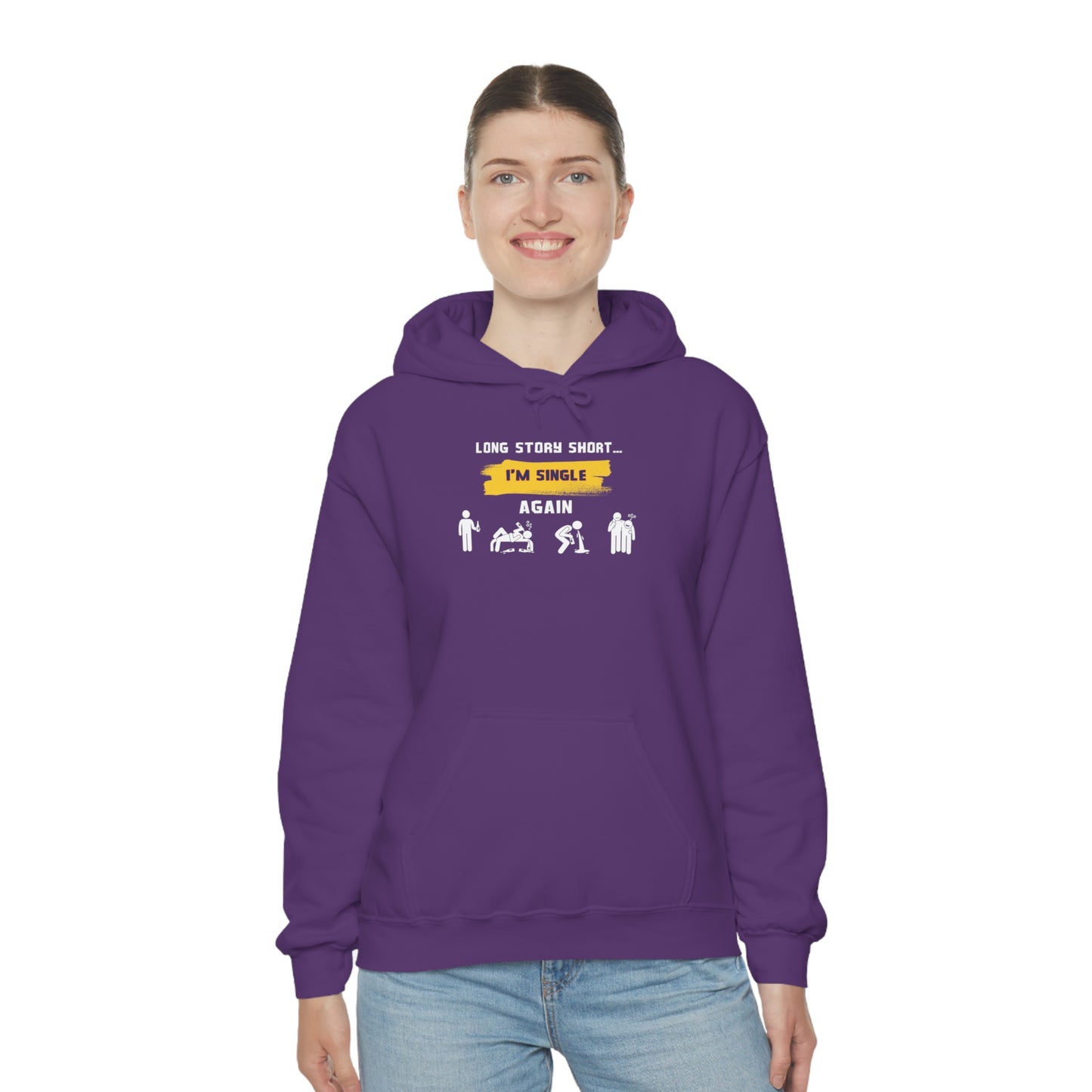 LONG STORY SHORT- Unisex Heavy Blend Hooded Sweatshirt (VARIETY OF COLORS) “Zero Baggage, Maximum Rizz — Single Life Graphic Shirt”