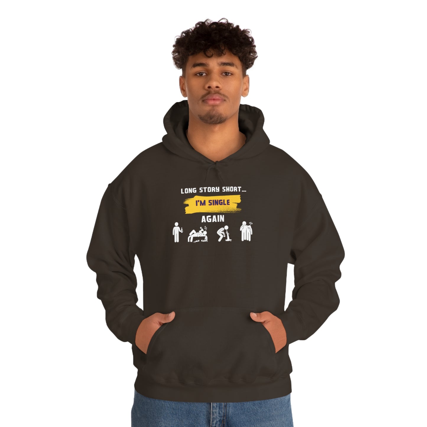 LONG STORY SHORT- Unisex Heavy Blend Hooded Sweatshirt (VARIETY OF COLORS) “Zero Baggage, Maximum Rizz — Single Life Graphic Shirt”