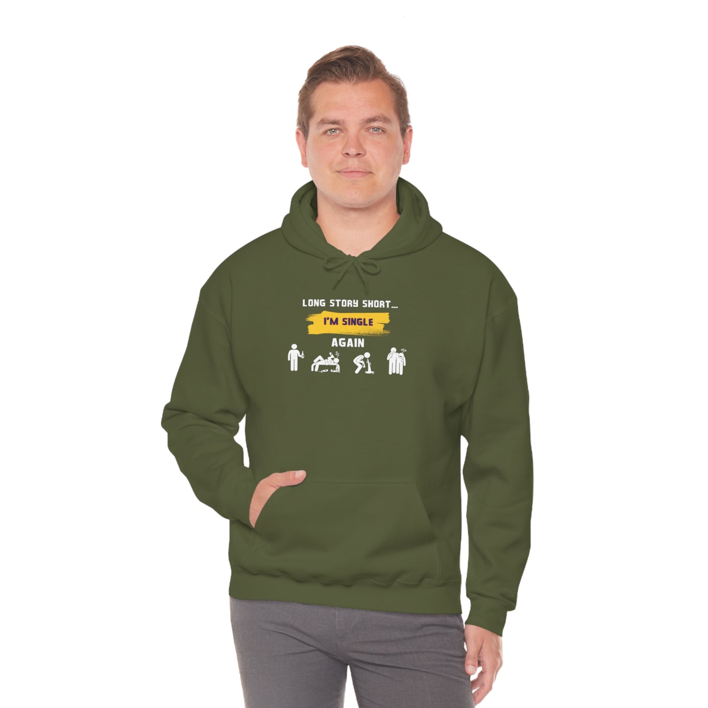 LONG STORY SHORT- Unisex Heavy Blend Hooded Sweatshirt (VARIETY OF COLORS) “Zero Baggage, Maximum Rizz — Single Life Graphic Shirt”