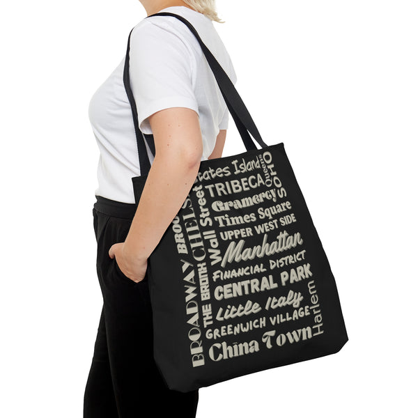 NYC Boroughs & Neighborhoods (2 sided print)- AOP Tote Bag (BLACK)